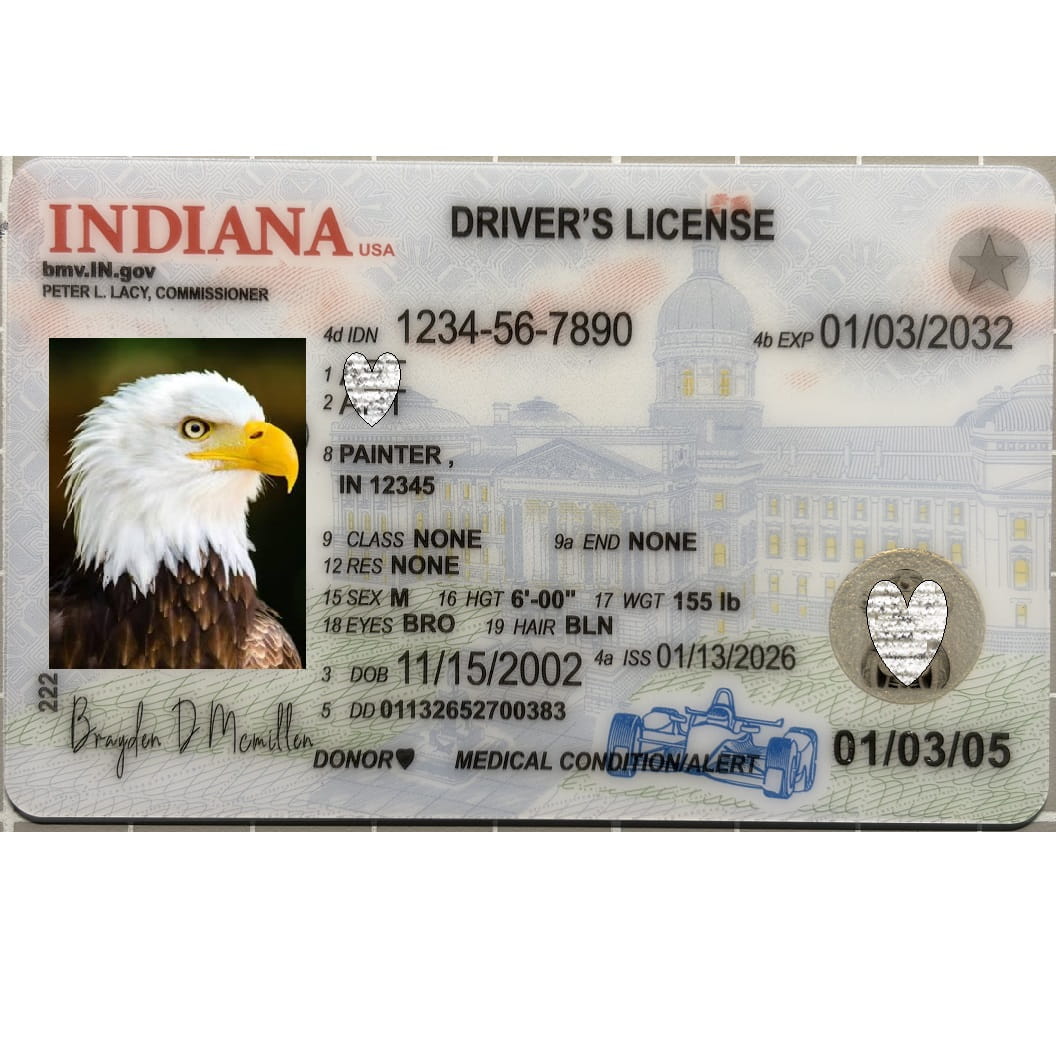 A novelty Indiana driver's license card shown flat against a white background. The card features the Indiana state name and 'Driver's License' text, sample personal details, a portrait of a bald eagle on the left, and a faint Indiana statehouse graphic in the background.