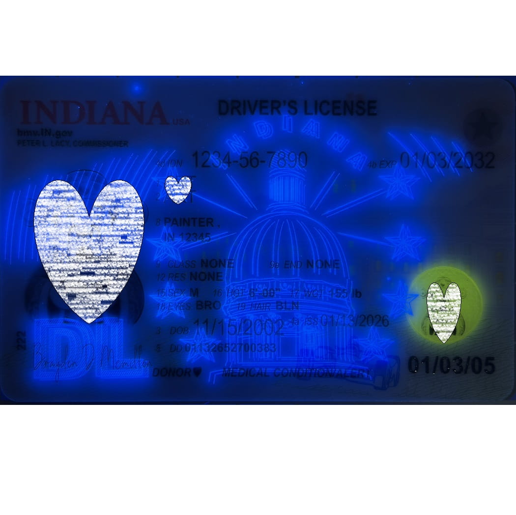 A novelty Indiana driver's license card shown flat against a white background, with blue glowing effects and a heart-shaped graphic on the left side.