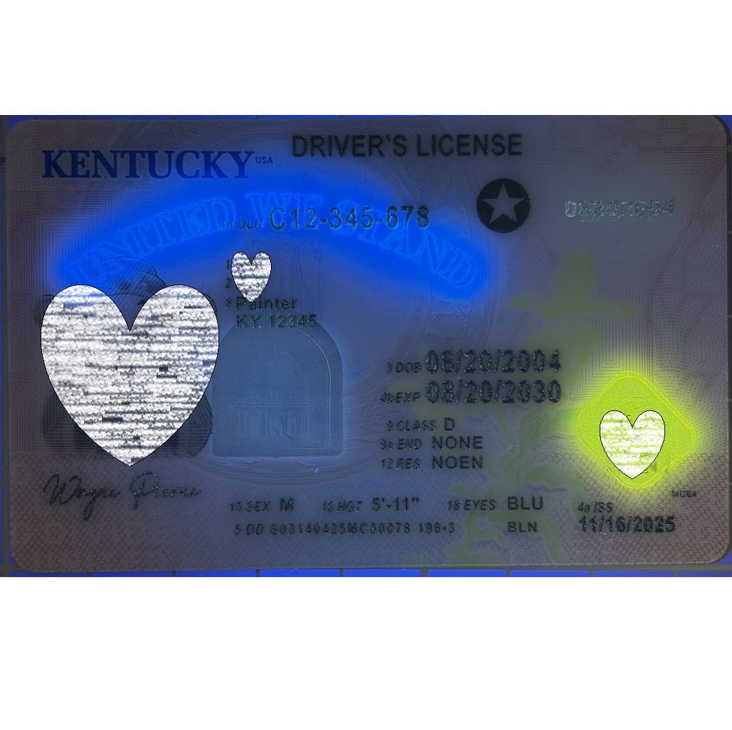 A Kentucky driver's license card shown flat against a white background, with blue and yellow light reflections and a white heart-shaped censor block over part of the card.