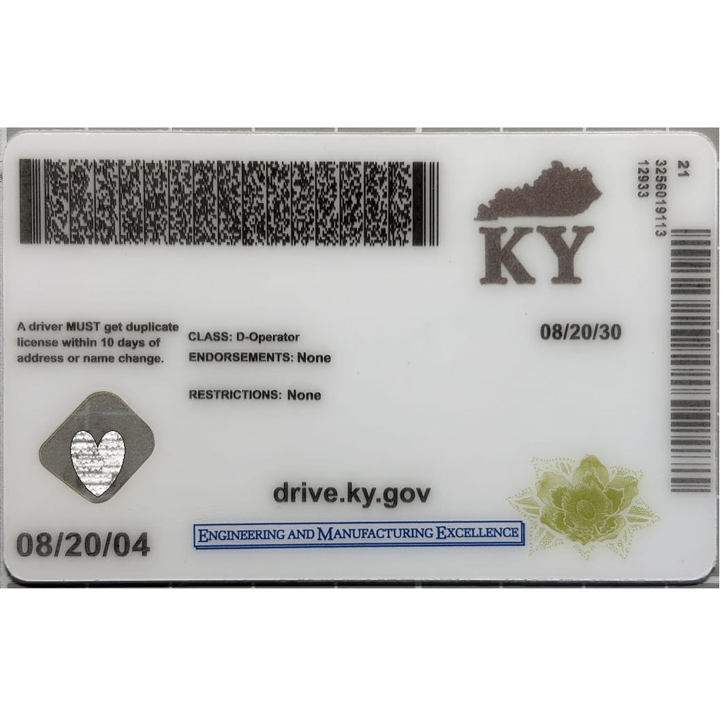 A novelty or replica Kentucky driver's license card shown flat against a white background. The card features black printed text, barcodes, the state outline of Kentucky with 'KY' printed above it, a heart-shaped emblem, and a blue banner reading 'ENGINEERING AND MANUFACTURING EXCELLENCE'.
