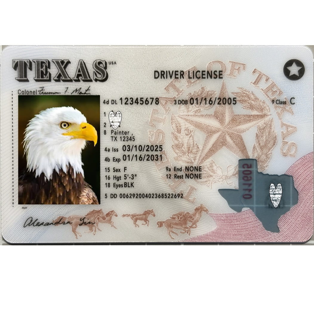 A novelty or prop replica of a Texas driver's license, featuring a portrait of an American bald eagle on the left, the word 'TEXAS' at the top left, and various security-style text and star motifs.