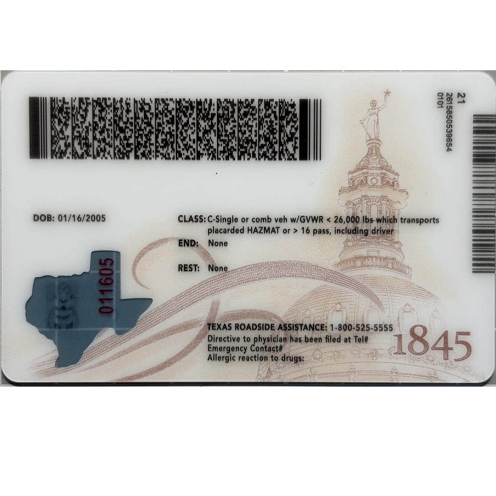A Texas driver's license card shown from the back, featuring a white base with black text, barcode strips, a blue Texas state silhouette, and a beige architectural illustration of the Texas state capitol dome.