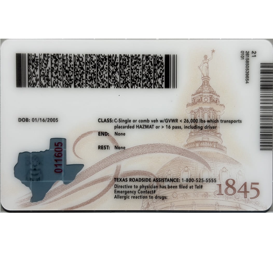 A Texas driver's license card shown from the back, featuring a white base with black text, barcode strips, a blue Texas state silhouette, and a beige architectural illustration of the Texas state capitol dome.