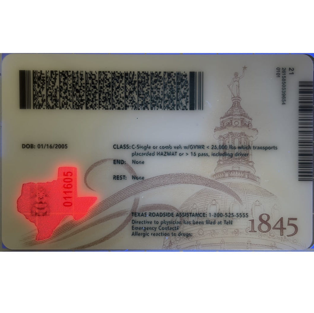 A Texas roadside assistance card with a red holographic privacy seal, barcode, and printed text and illustration on a white background.