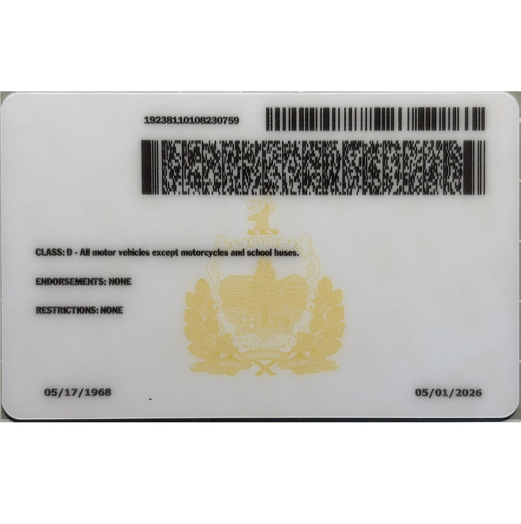 A white rectangular card with black printed text, barcodes, a gold crest emblem, and a gold seal, shown on a plain white background.